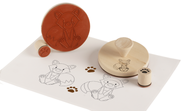 Preview: Holzstempel "Fuchs & Waschbär mit Fährte", 4tlg.