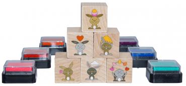 Preview: Häschen-Stempel Set, 6 Stempel + 6 Stempelkissen, 12tlg.