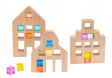 Preview: Holz Häuser für Acryl Würfel, 3er Set