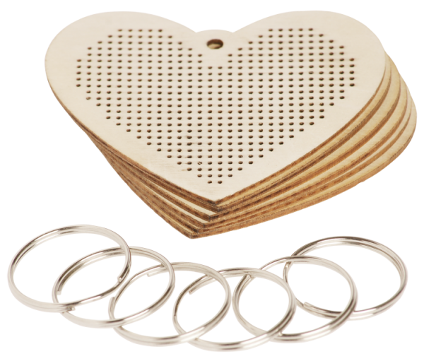 Holz-Schlüsselanhänger "Stickherzen", 6er Set
