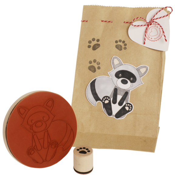 Holzstempel "Fuchs & Waschbär mit Fährte", 4tlg.
